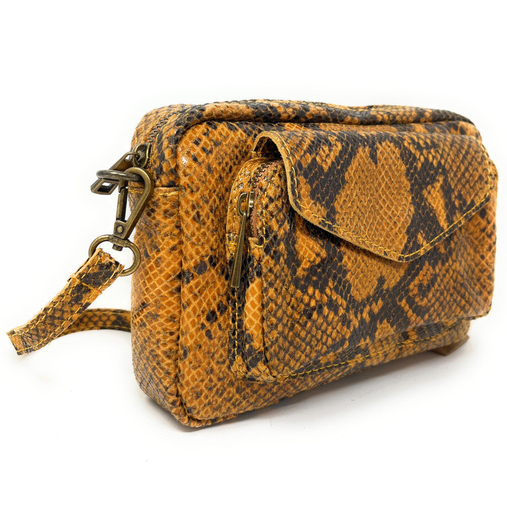 Sac à main trotteur en cuir embossé verni OURASI Serpent orange