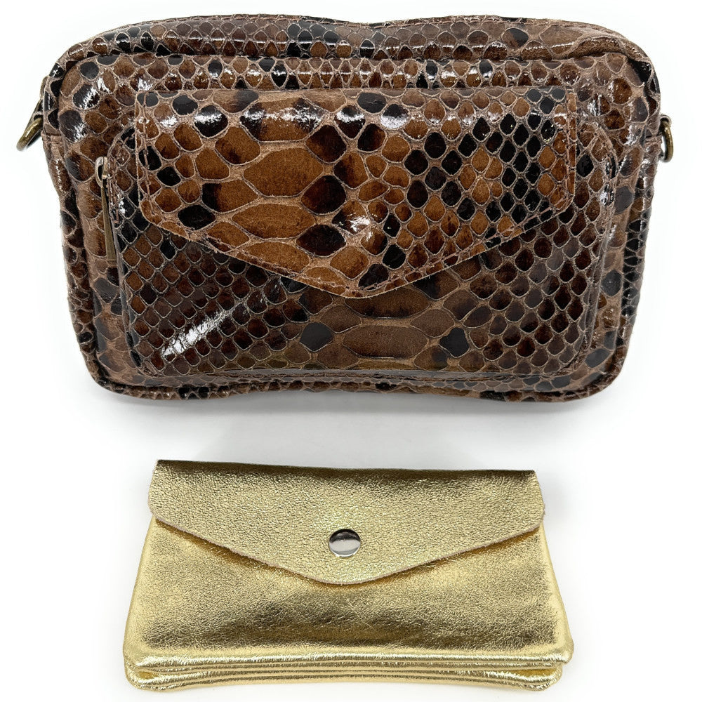Sac à main trotteur en cuir embossé verni OURASI Serpent chocolat