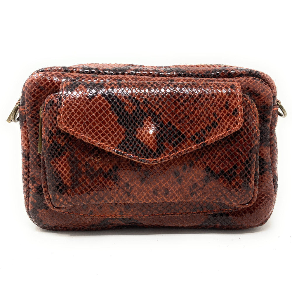 Sac à main trotteur en cuir embossé verni OURASI Serpent rouille