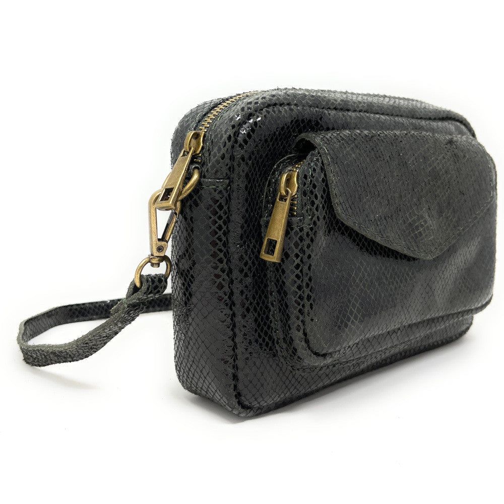 Sac à main trotteur en cuir embossé verni OURASI Kaki