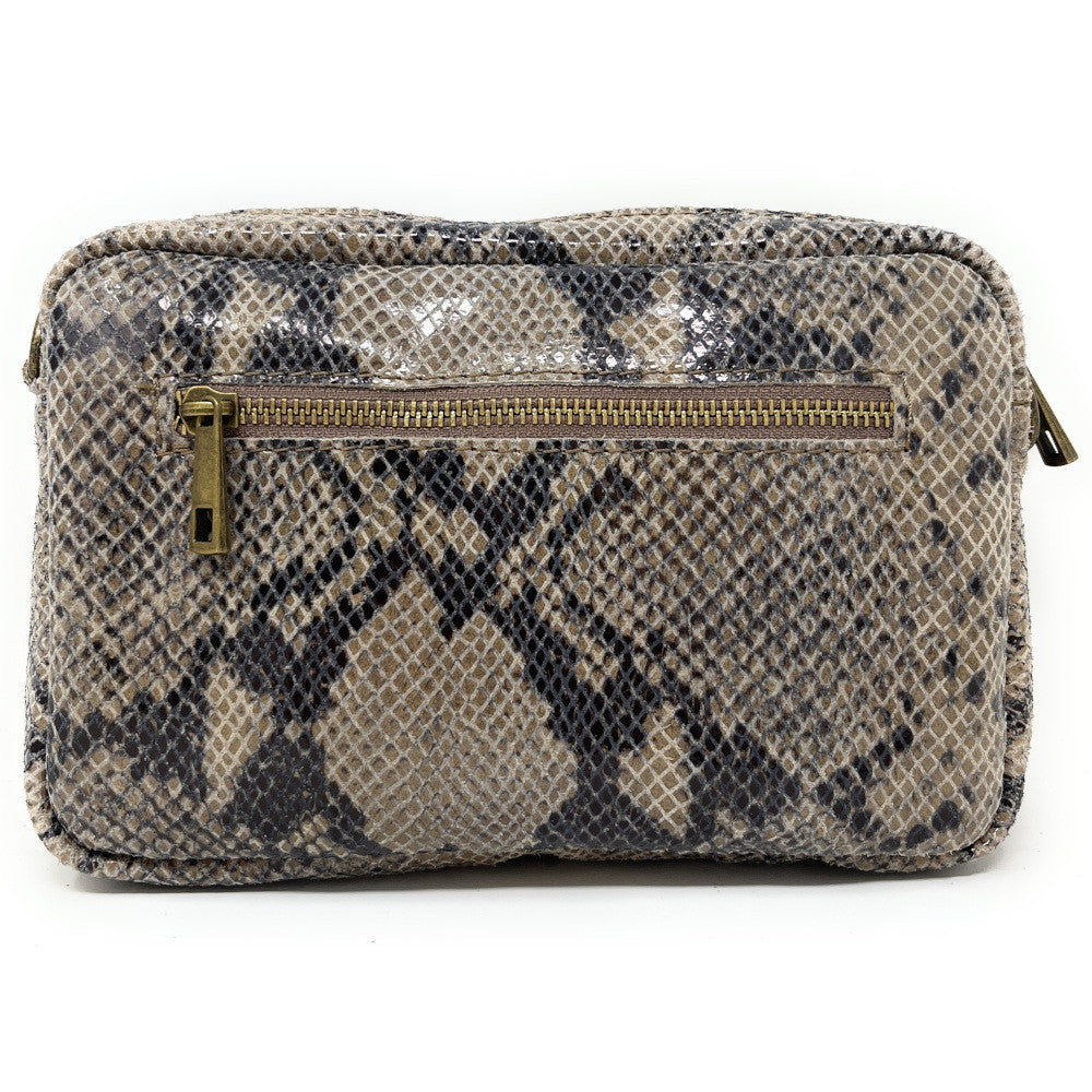 Sac à main trotteur en cuir embossé verni OURASI Serpent taupe clair