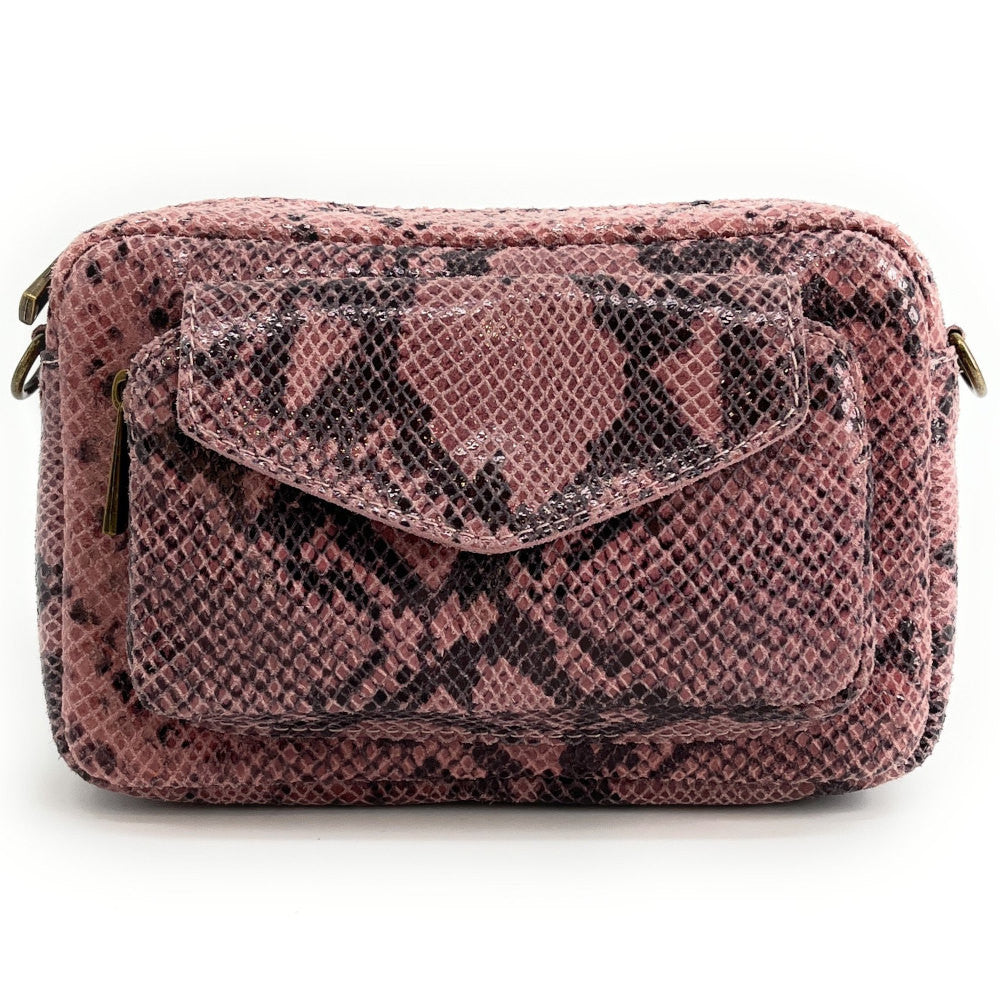 Sac à main trotteur en cuir embossé verni OURASI Serpent rose