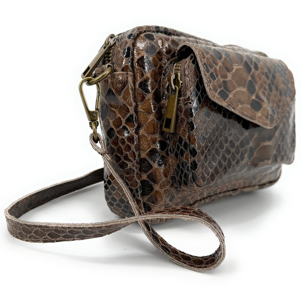 Sac à main trotteur en cuir embossé verni OURASI Serpent chocolat
