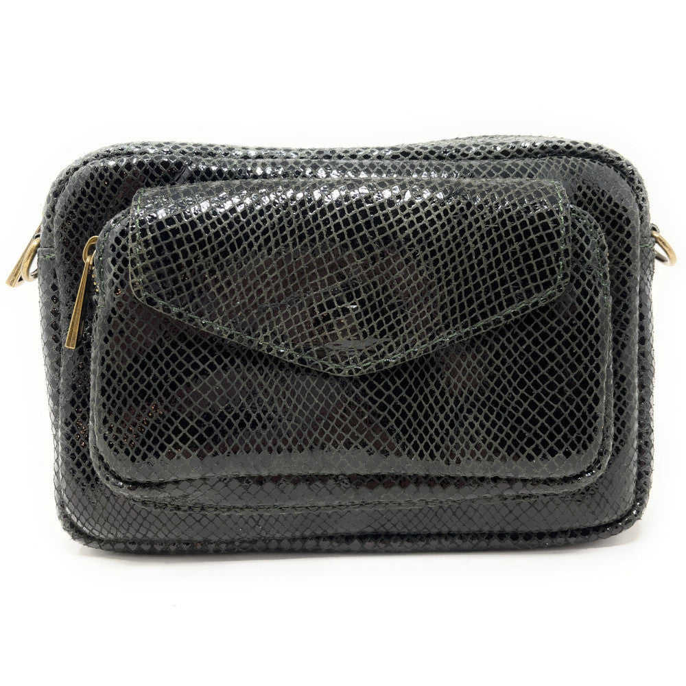 Sac à main trotteur en cuir embossé verni OURASI Kaki