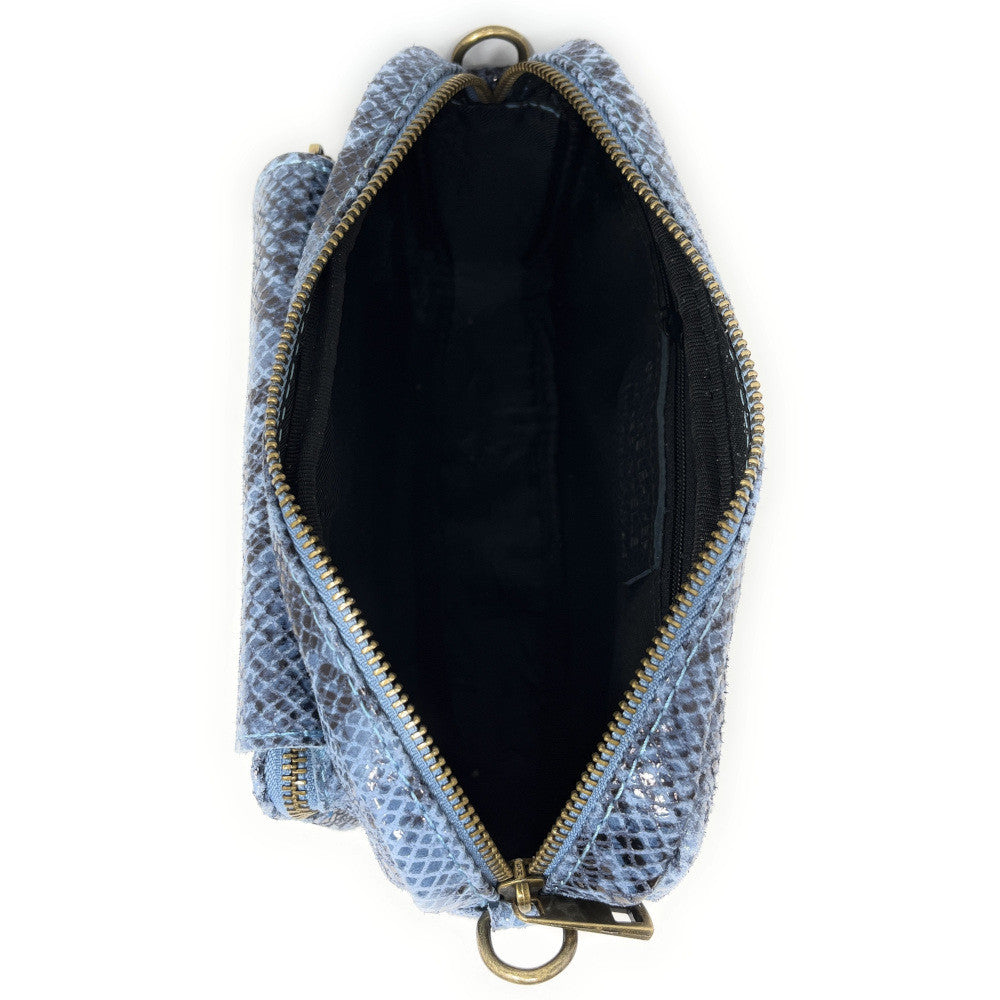 Sac à main trotteur en cuir embossé verni OURASI Serpent bleu ciel