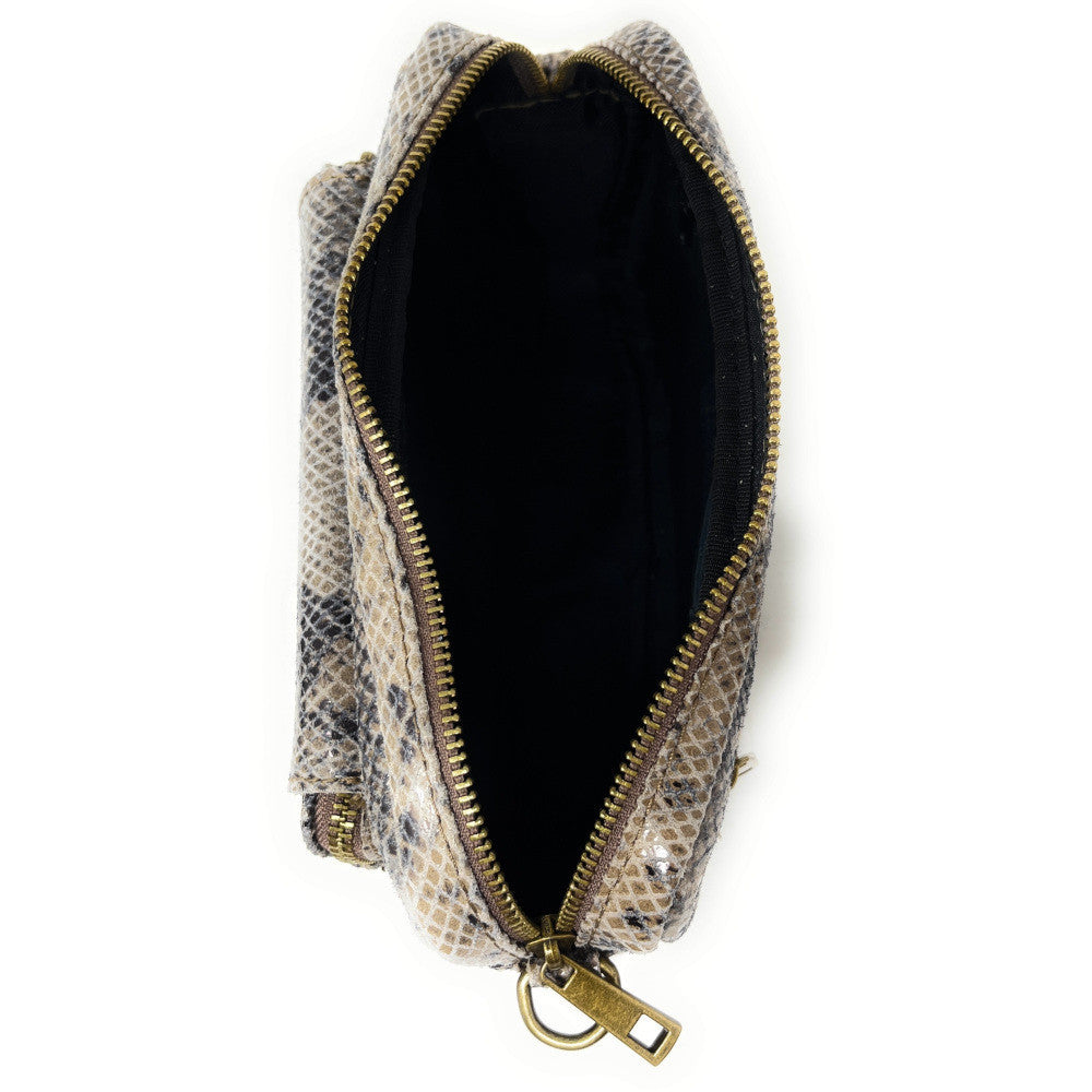Sac à main trotteur en cuir embossé verni OURASI Serpent taupe clair