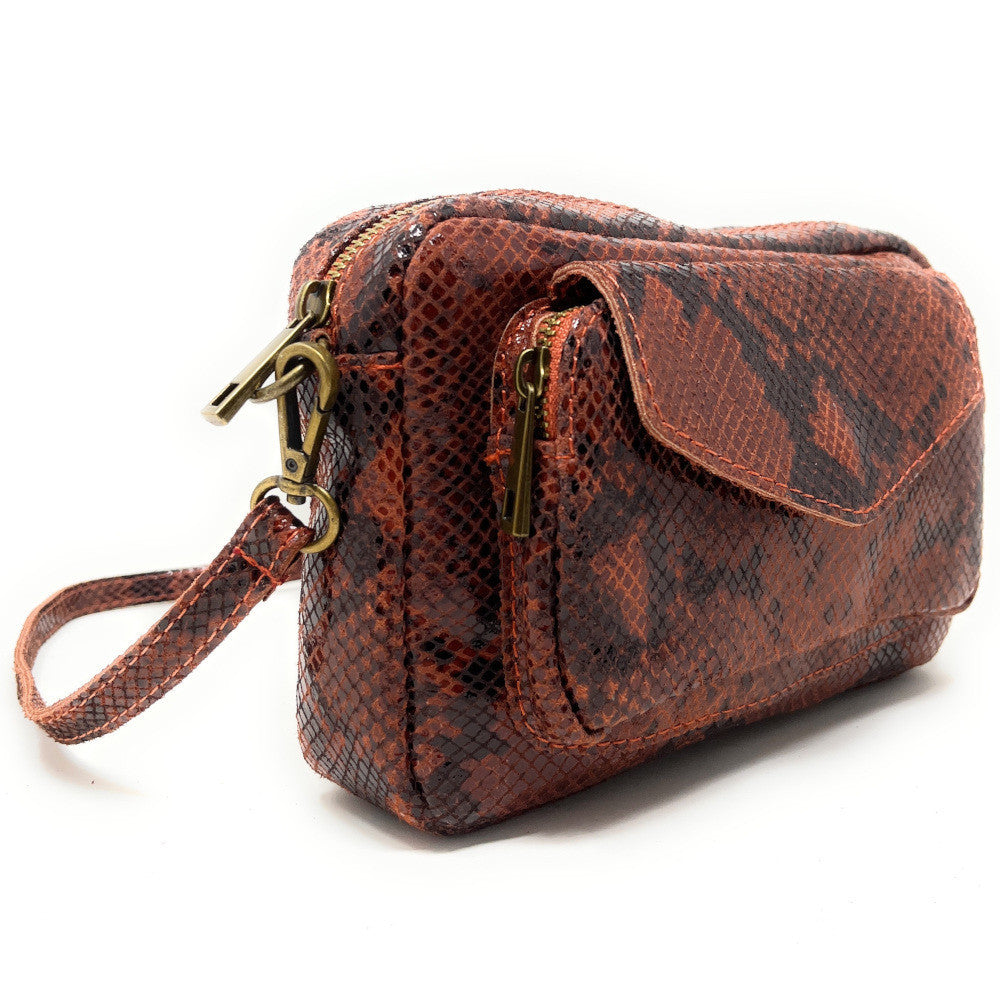 Sac à main trotteur en cuir embossé verni OURASI Serpent rouille