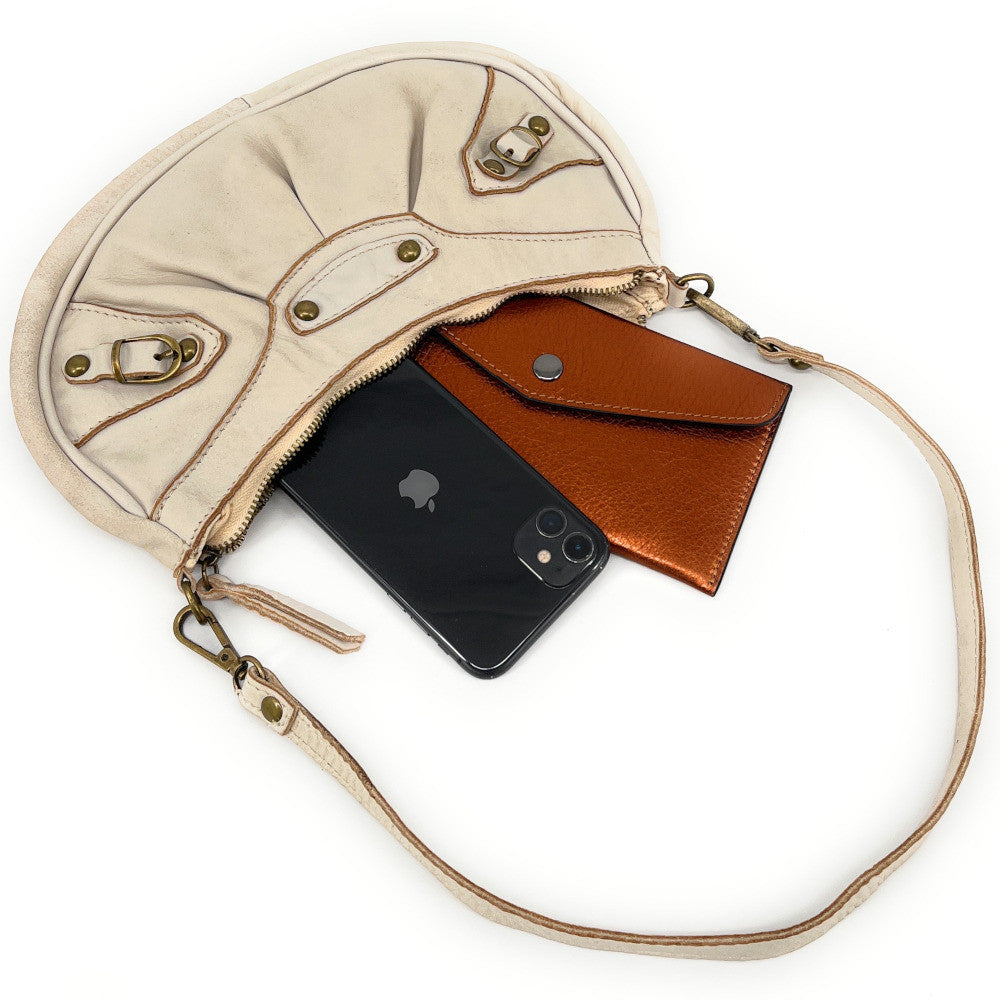 Sac croissant en cuir vintage MISS LUNA Taupe clair