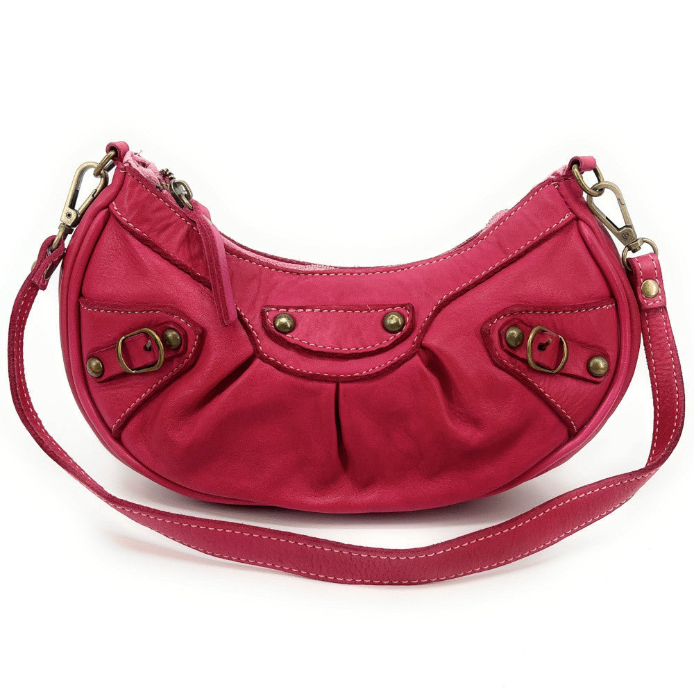 Sac croissant en cuir vintage MISS LUNA Rose fuchsia