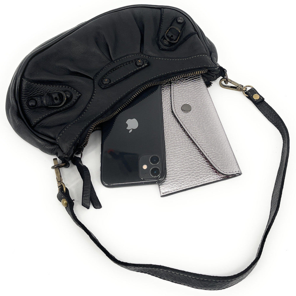 Sac croissant en cuir vintage MISS LUNA Noir