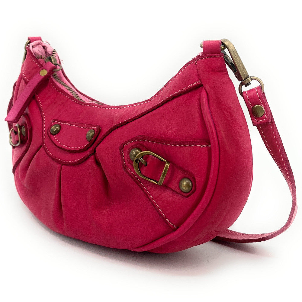 Sac croissant en cuir vintage MISS LUNA Rose fuchsia