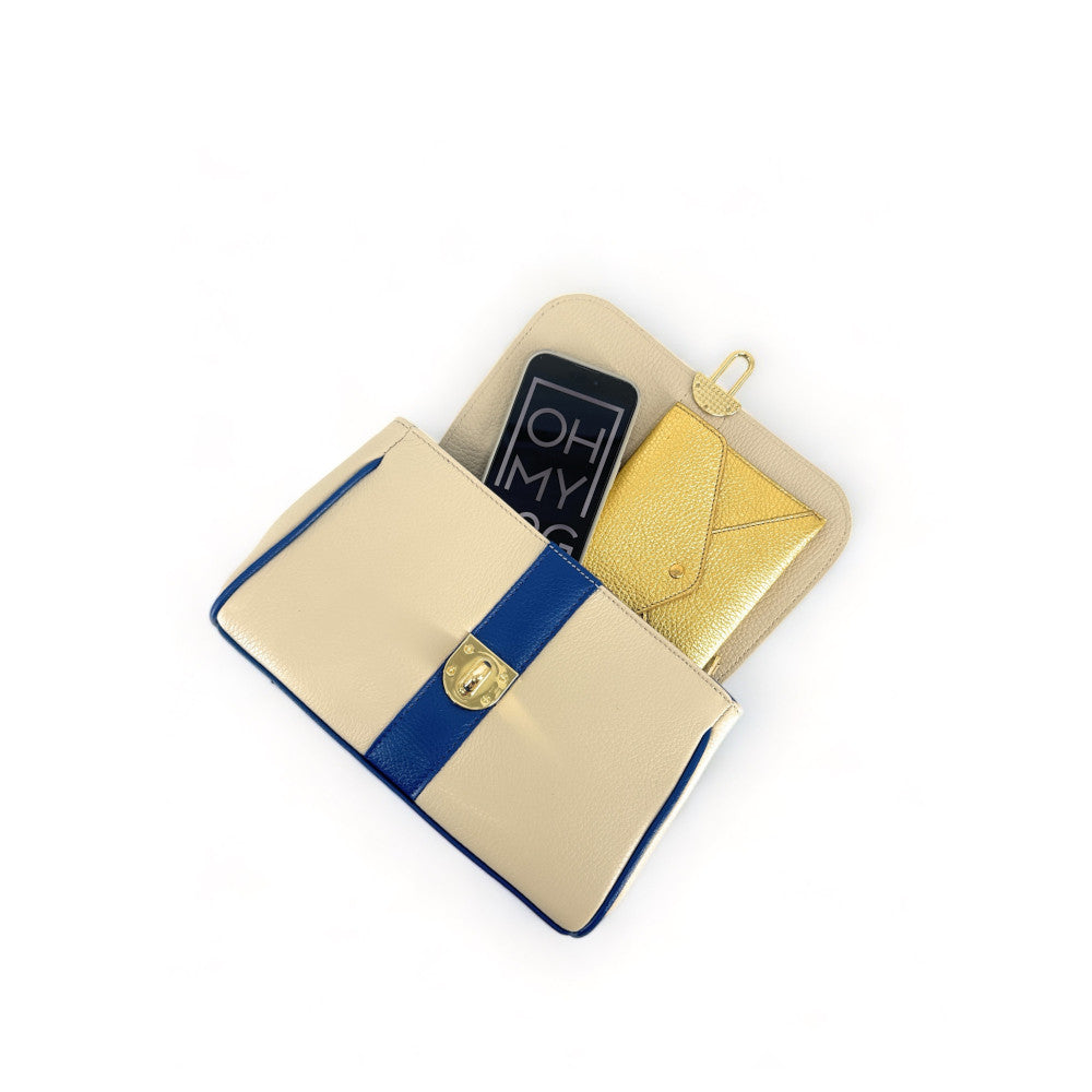 Sac à main en cuir grainé ZOE Beige / Bleu moyen