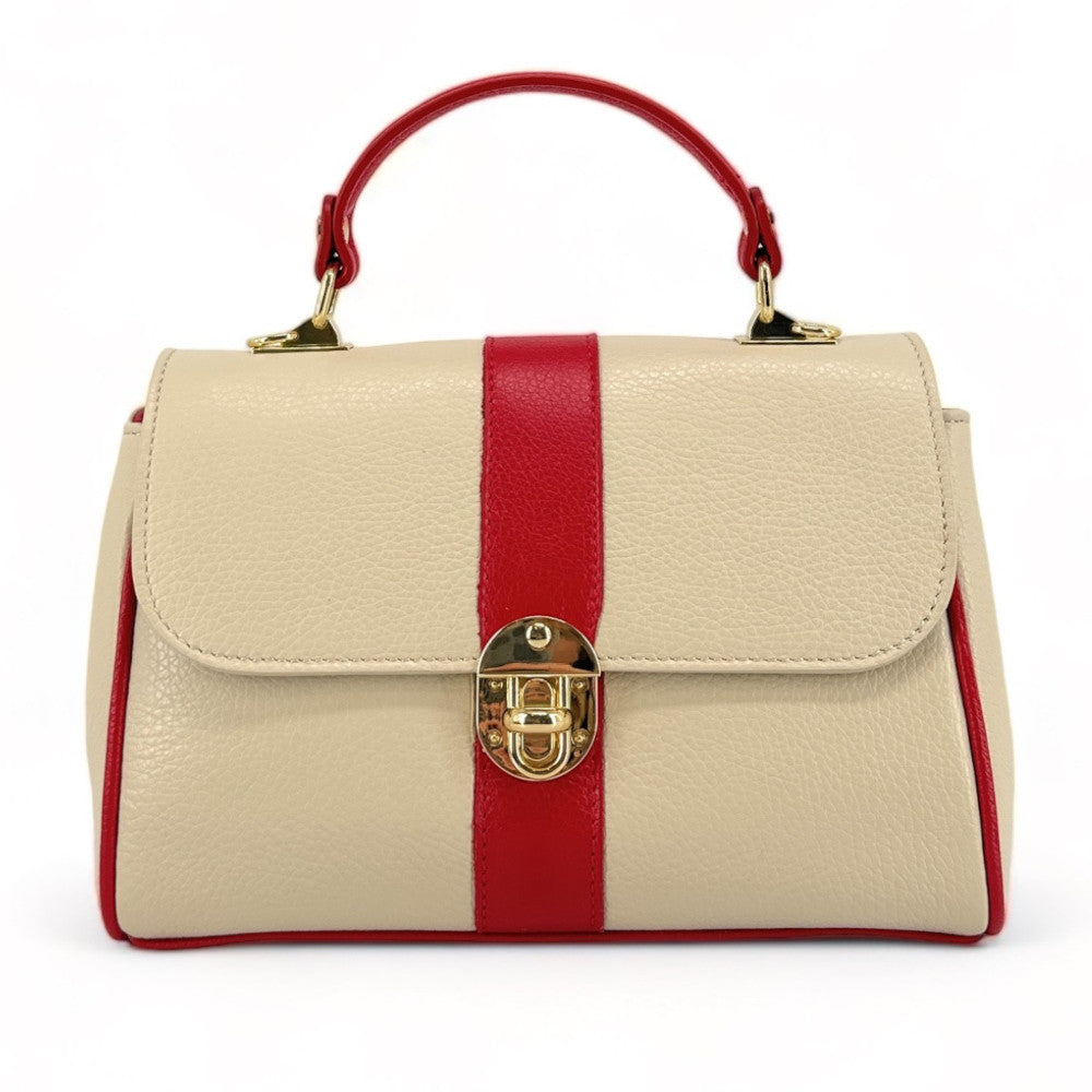 Sac à main en cuir grainé ZOE Beige / Rouge garance