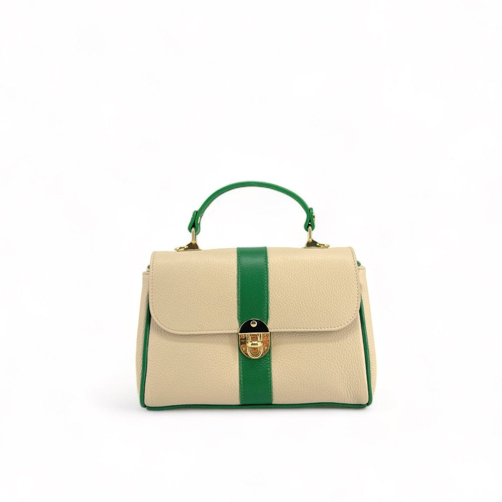 Sac à main en cuir grainé ZOE Beige / Vert anglais