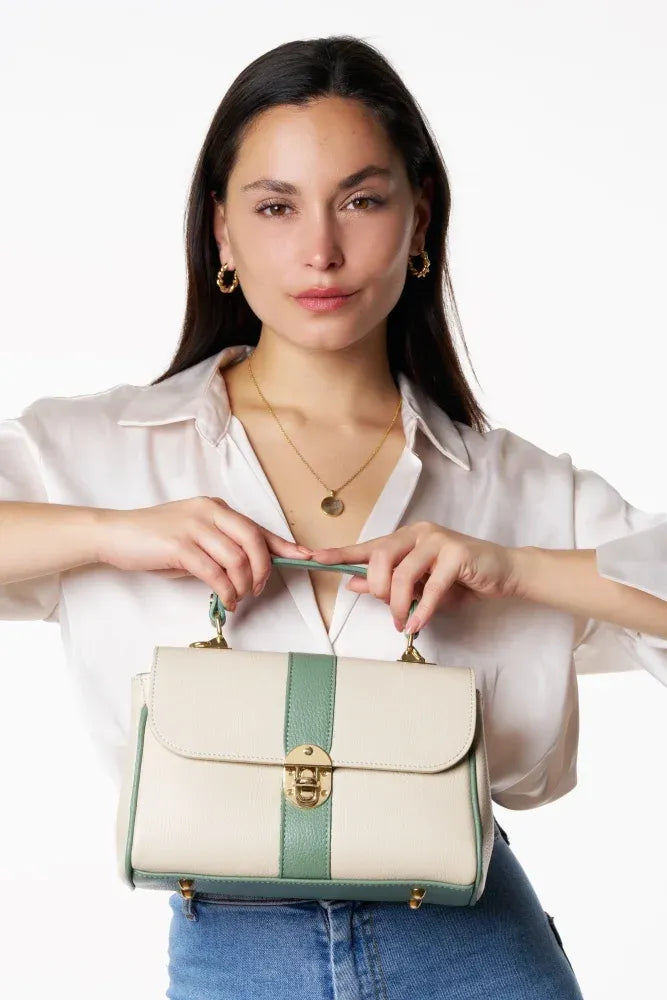 Sac à main en cuir grainé ZOE Beige / Vert pastel