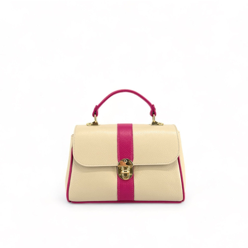 Sac à main en cuir grainé ZOE Beige / Rose fuchsia