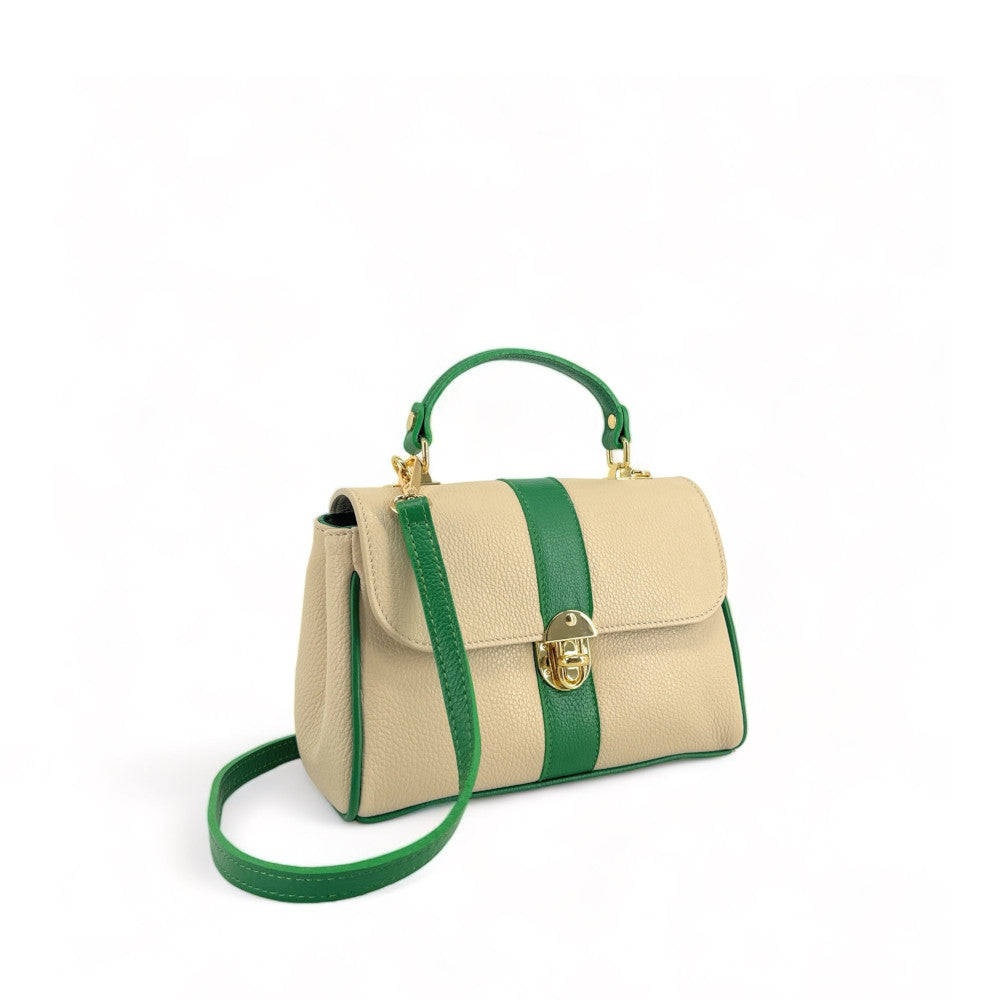 Sac à main en cuir grainé ZOE Beige / Vert anglais
