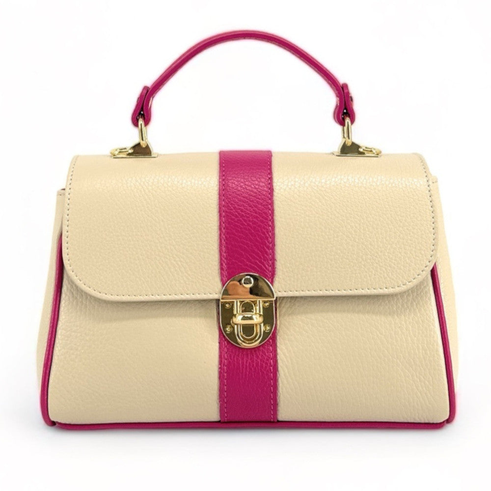 Sac à main en cuir grainé ZOE Beige / Rose fuchsia