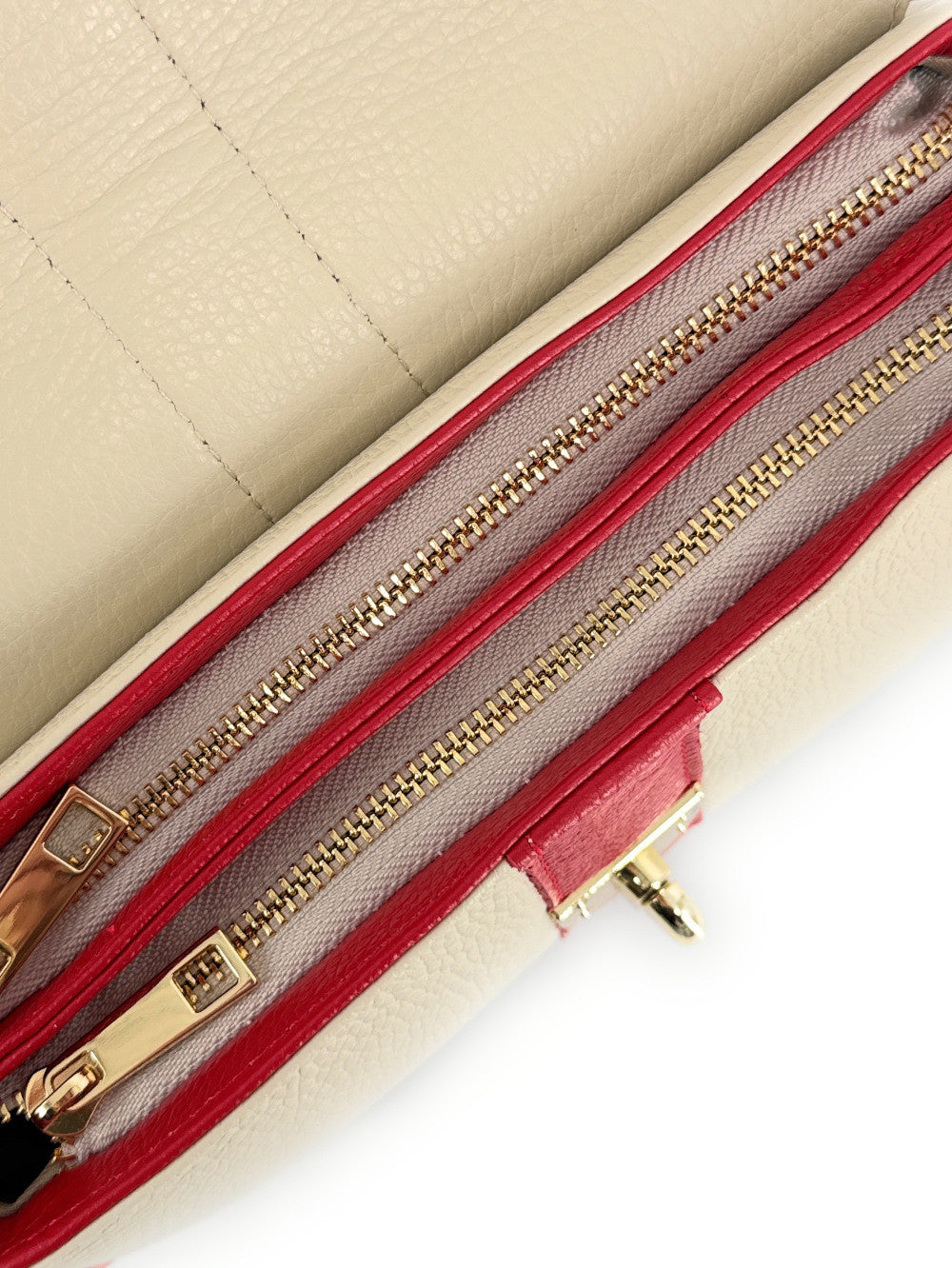 Sac à main en cuir grainé ZOE Beige / Rouge garance