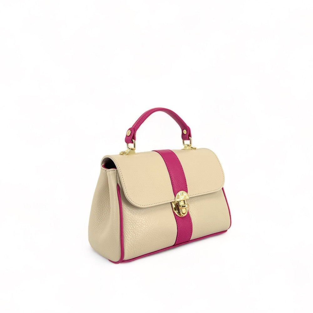 Sac à main en cuir grainé ZOE Beige / Rose fuchsia