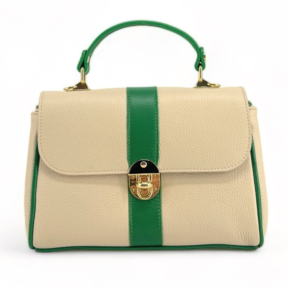 Sac à main en cuir grainé ZOE Beige / Vert anglais