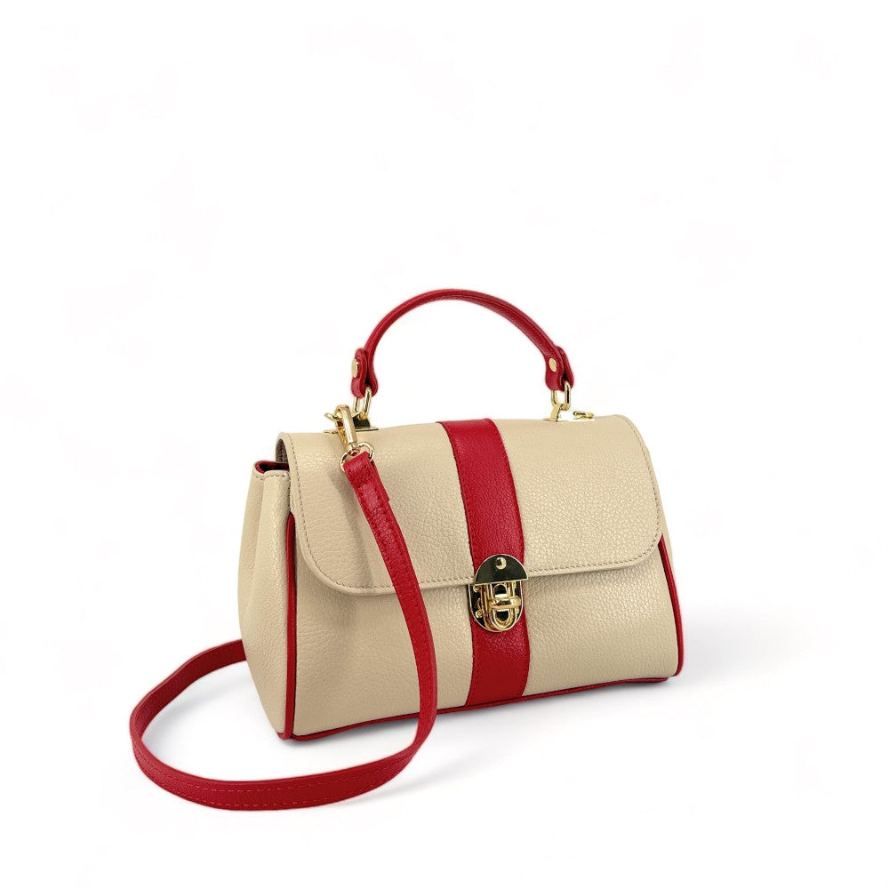 Sac à main en cuir grainé ZOE Beige / Rouge garance