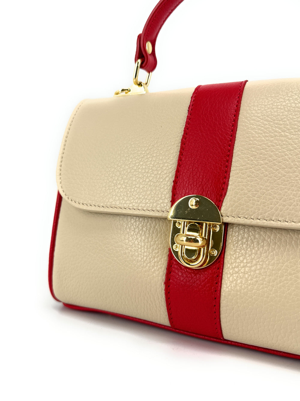 Sac à main en cuir grainé ZOE Beige / Rouge garance