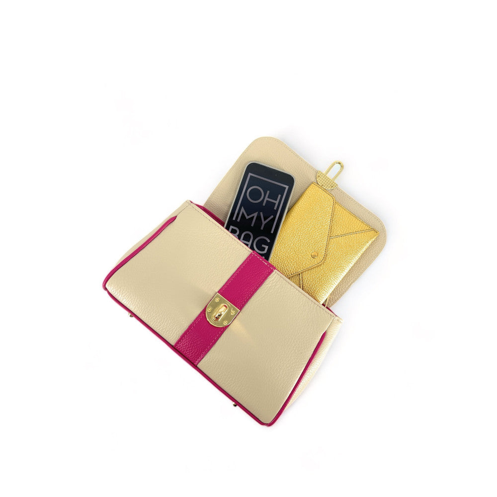 Sac à main en cuir grainé ZOE Beige / Rose fuchsia