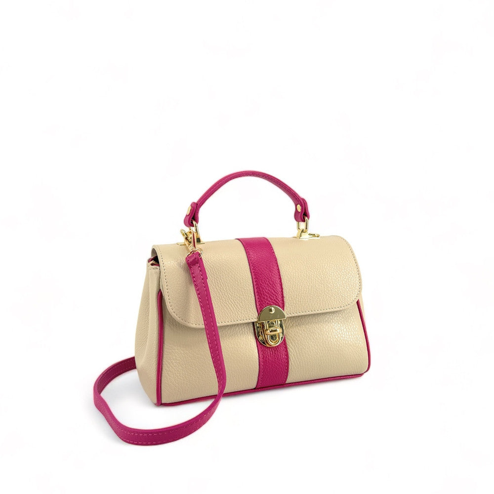 Sac à main en cuir grainé ZOE Beige / Rose fuchsia