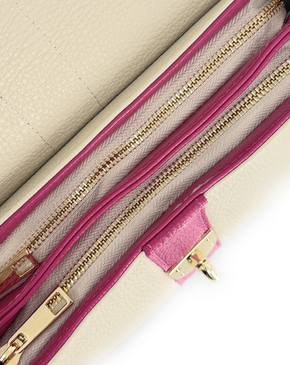 Sac à main en cuir grainé ZOE Beige / Rose fuchsia