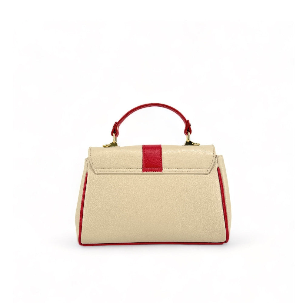 Sac à main en cuir grainé ZOE Beige / Rouge garance