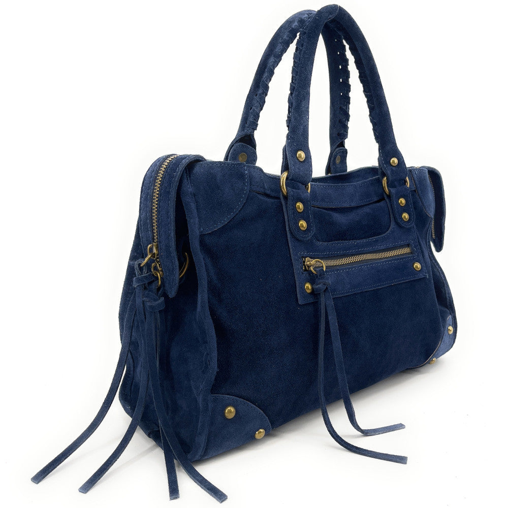 Grand sac french stick en croûte de cuir EDISON Bleu marine