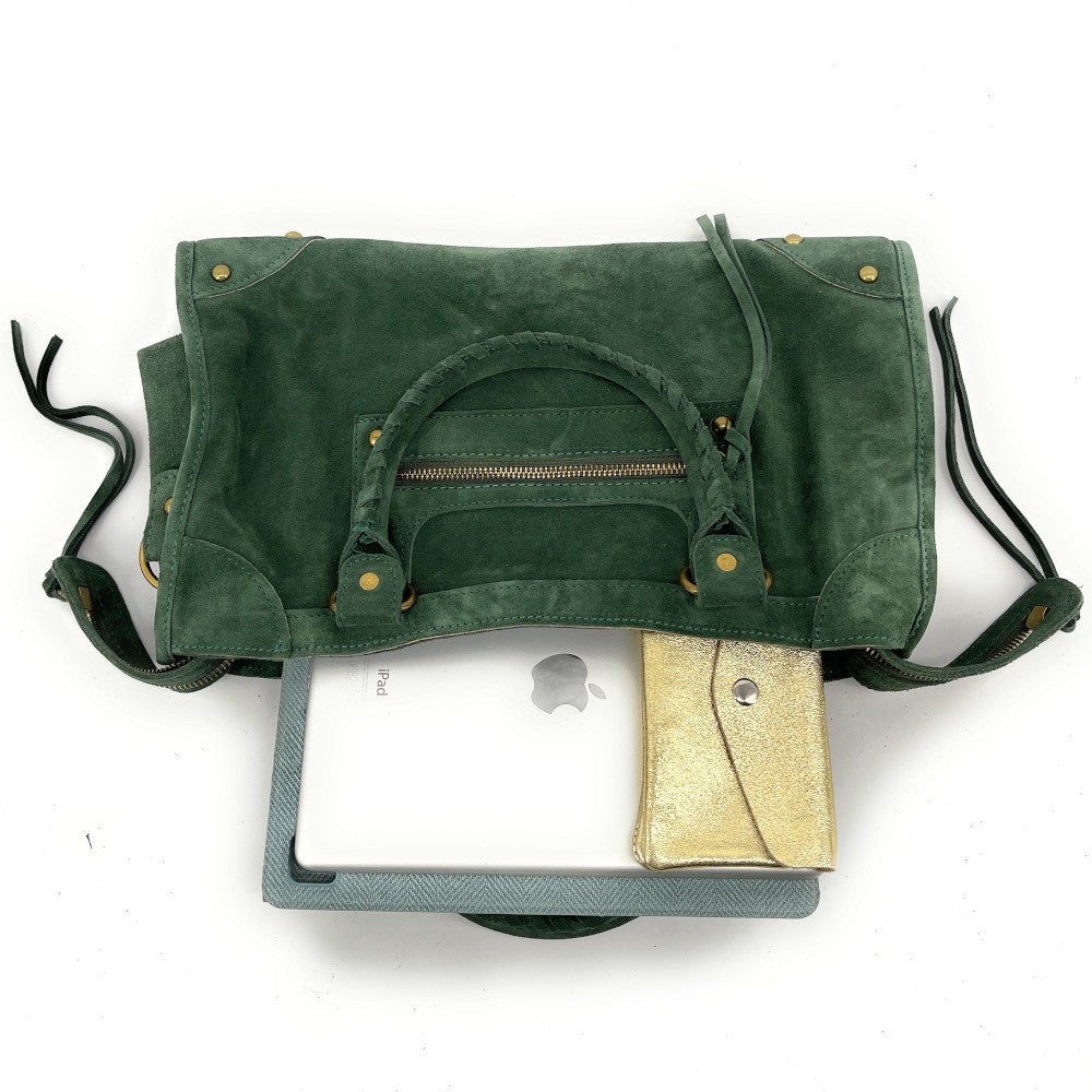 Grand sac french stick en croûte de cuir EDISON Vert forêt