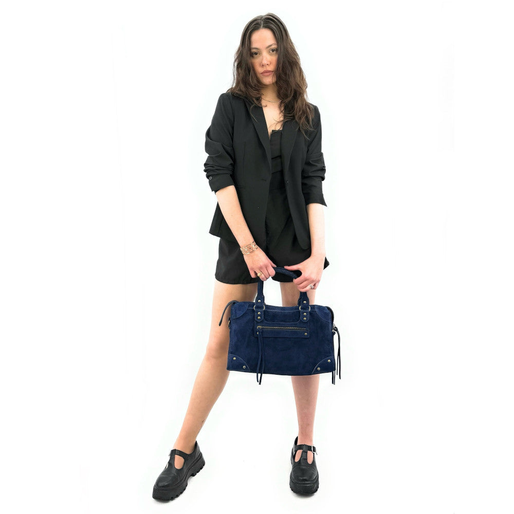 Grand sac french stick en croûte de cuir EDISON Bleu marine