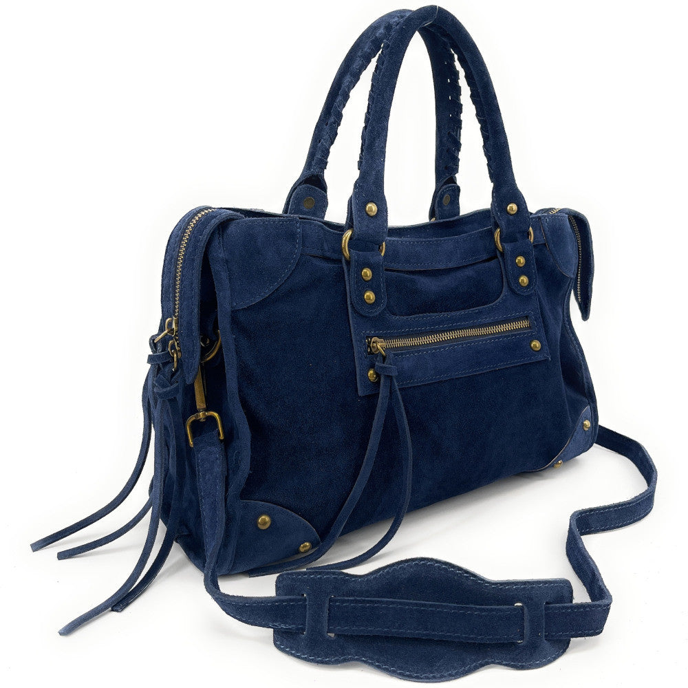 Grand sac french stick en croûte de cuir EDISON Bleu marine