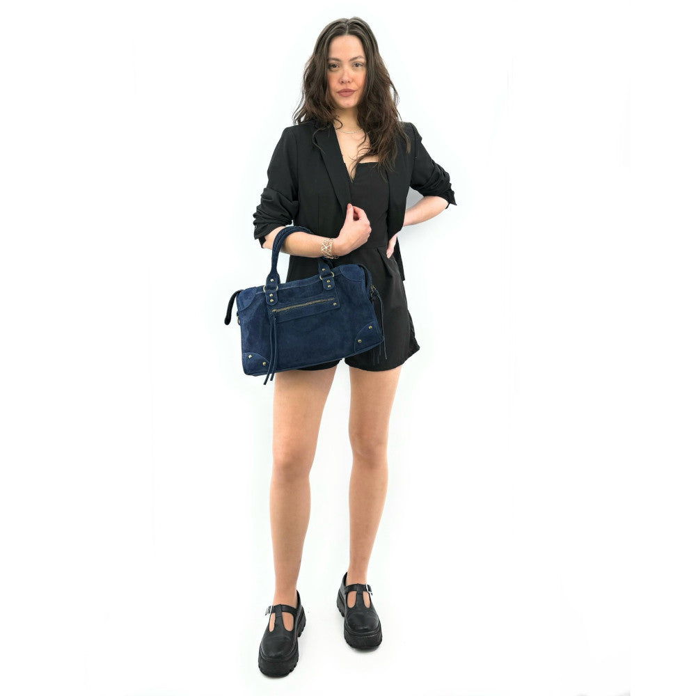Grand sac french stick en croûte de cuir EDISON Bleu marine