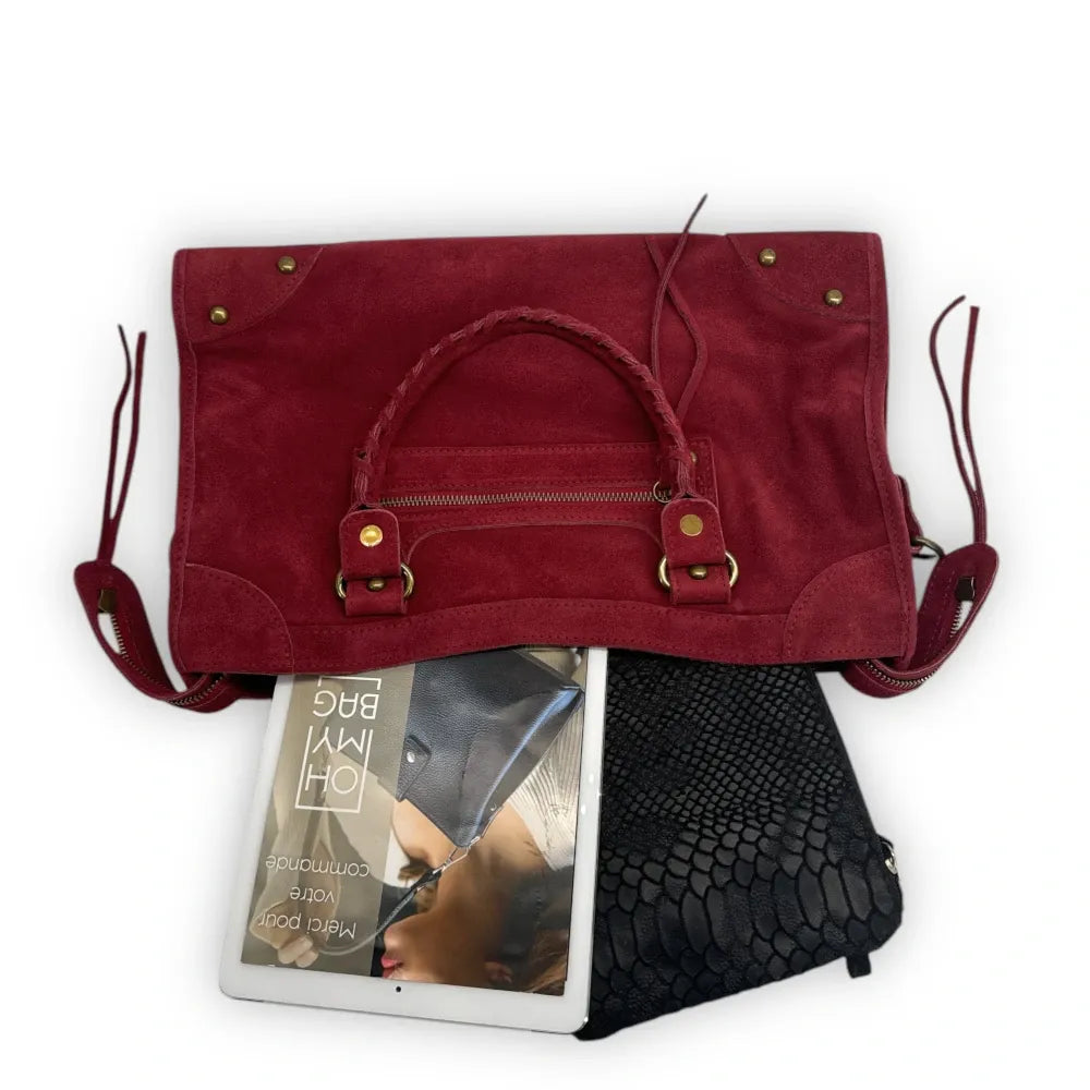 Grand sac french stick en croûte de cuir EDISON Rouge bordeaux