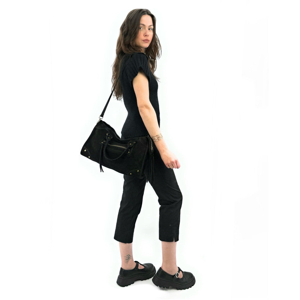 Grand sac french stick en croûte de cuir EDISON Noir