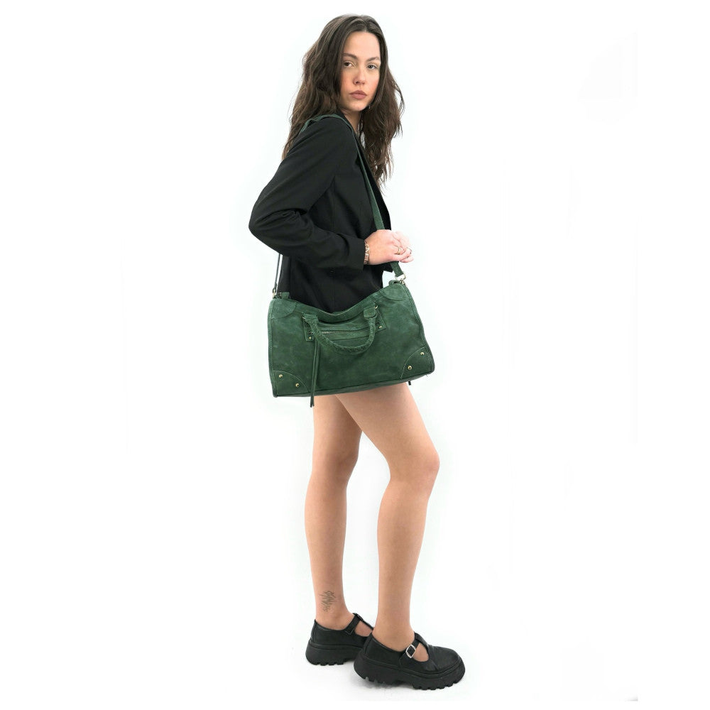 Grand sac french stick en croûte de cuir EDISON Vert forêt