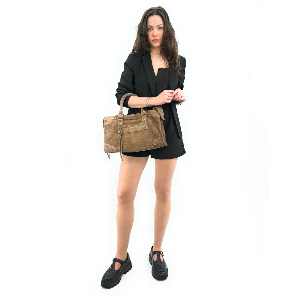 Grand sac french stick en croûte de cuir EDISON Taupe clair