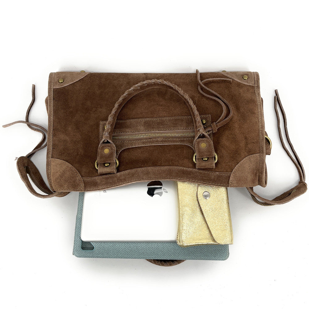 Grand sac french stick en croûte de cuir EDISON Taupe foncé