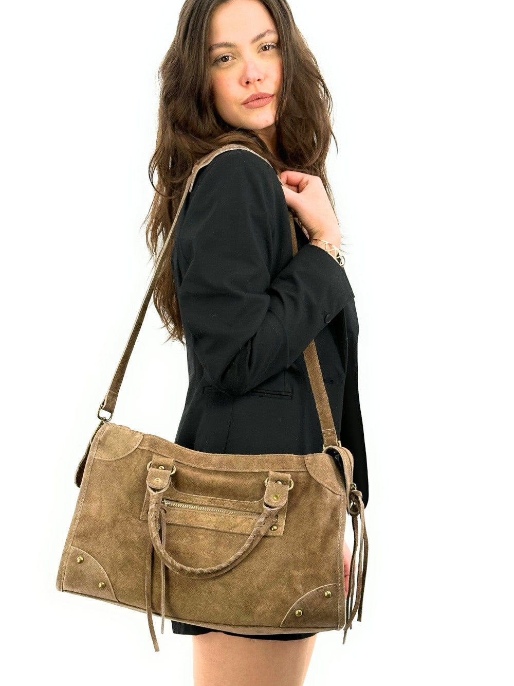 Grand sac french stick en croûte de cuir EDISON Taupe clair