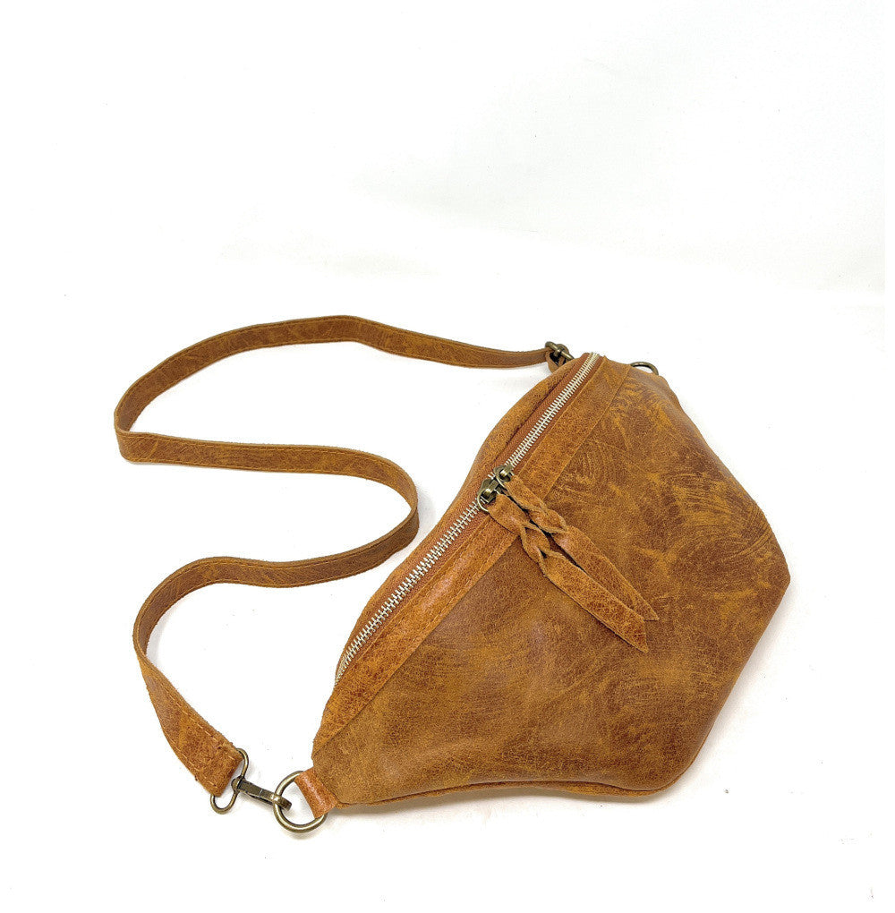 Sac banane en cuir brossé LILOU BROSSEE Camel foncé