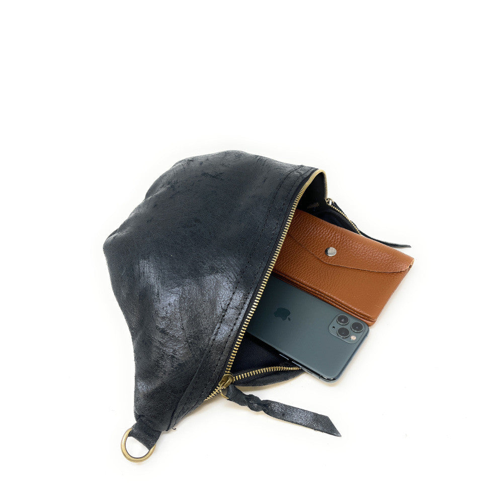 Sac banane en cuir brossé LILOU BROSSEE Noir