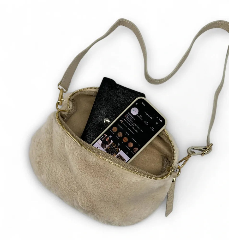 Sac banane en cuir et fausse fourrure LOU KITTY Beige crème