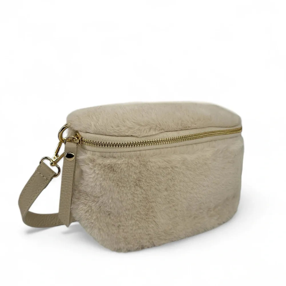 Sac banane en cuir et fausse fourrure LOU KITTY Beige crème