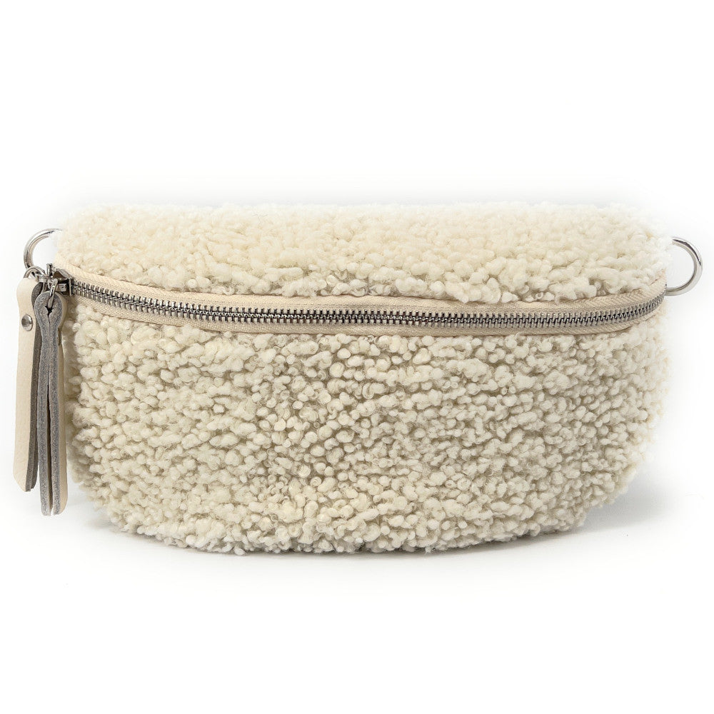 Sac banane en cuir et peluche LOU PILOU SILVER Beige crème