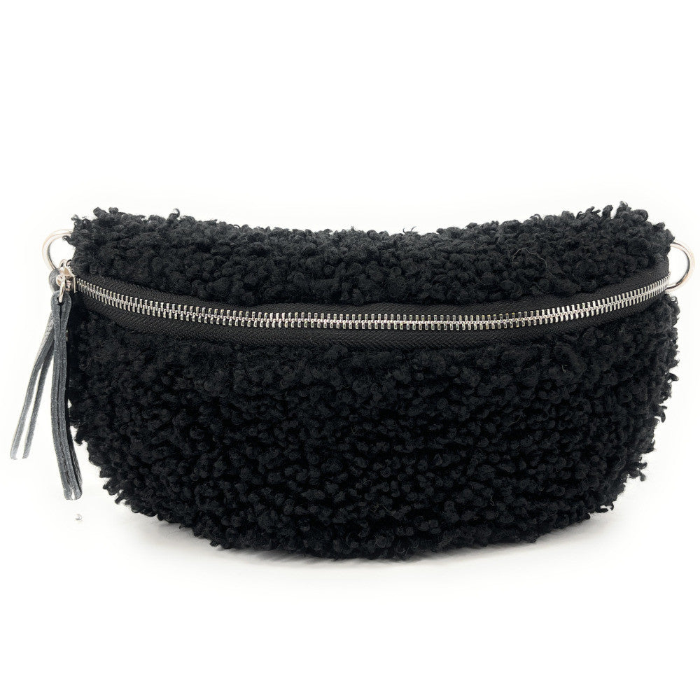 Sac banane en cuir et peluche LOU PILOU SILVER Noir