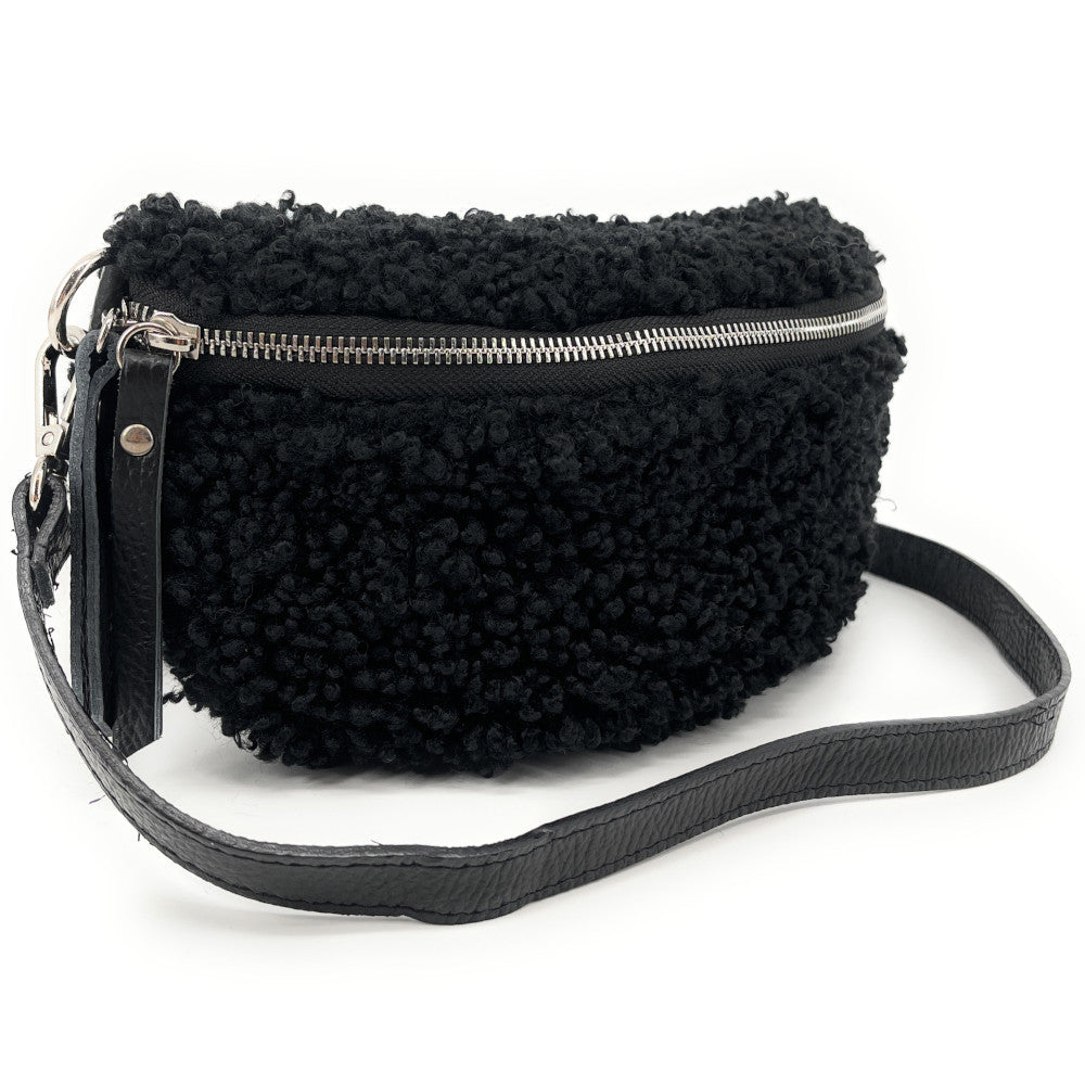 Sac banane en cuir et peluche LOU PILOU SILVER Noir