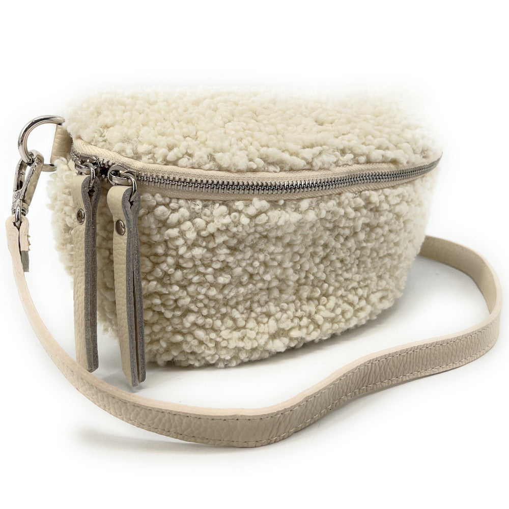 Sac banane en cuir et peluche LOU PILOU SILVER Beige crème